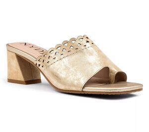 NYDJ Gold Mules Alanah Block Heel Leather Sandals Slip On Sz 9.5 *See Desc*